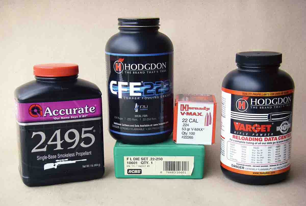 Accurate 2495, Hodgdon CFE 223 and Varget are excellent powder choices for handloading the .22-250 Remington with Hornady 53-grain V-MAX bullets.
